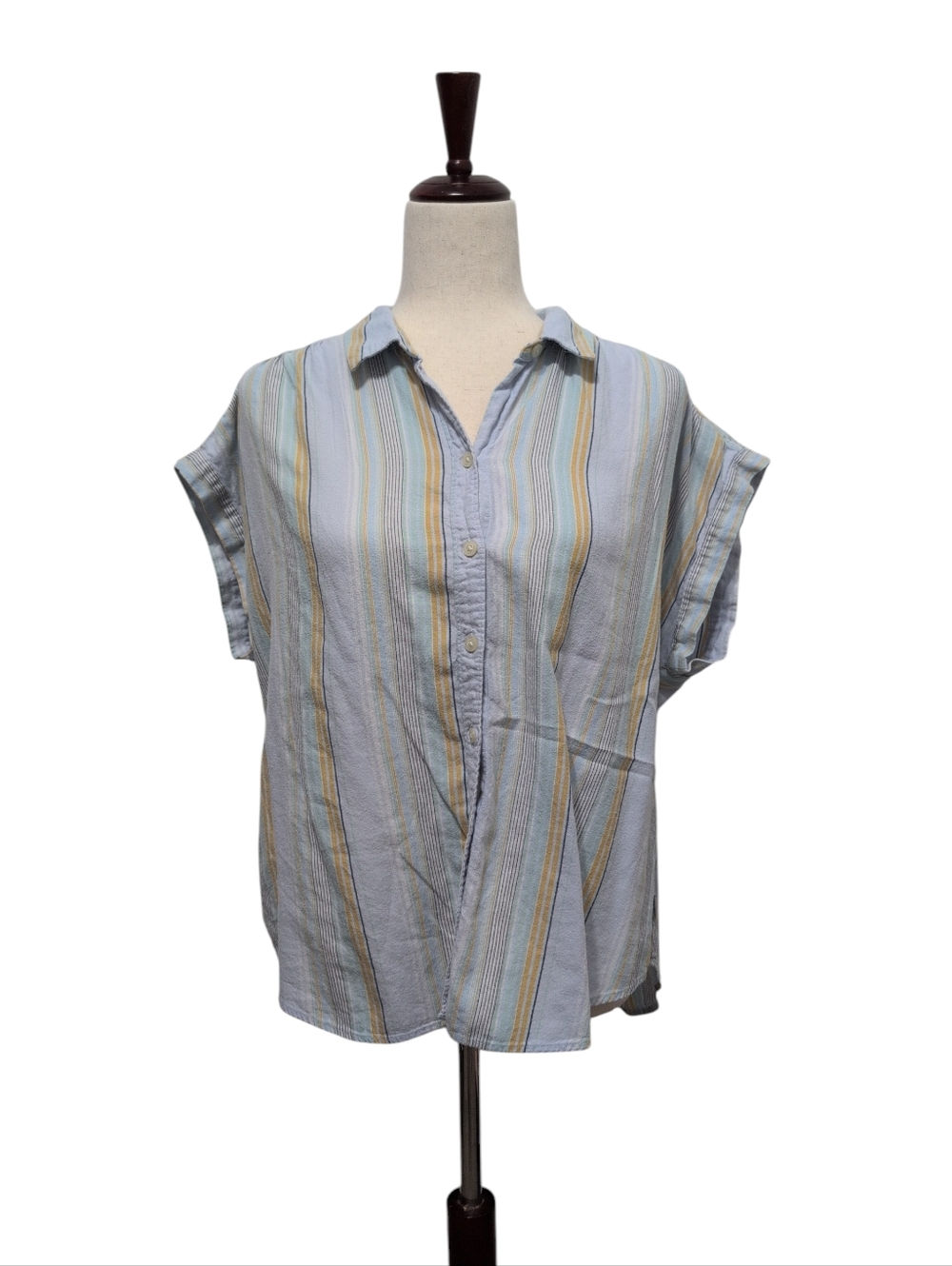 Eddie Bauer Light Blue Striped Button-Up Shirt Muscle Sleeves Boxy Comfy Large